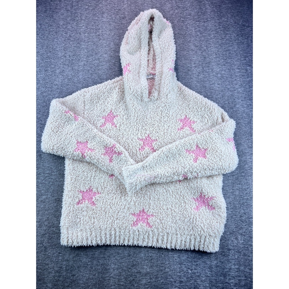 Lush Sweater Women S Cream Pink Star Print Hooded‎ Cozy Plush Relaxed Pullover